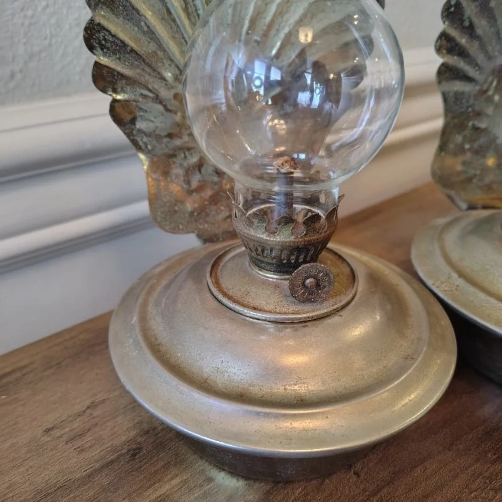 Vtg MCM Metal Oil Hanging Lanterns Pair Of 2 Wall Decor Nautical Beach Patina
